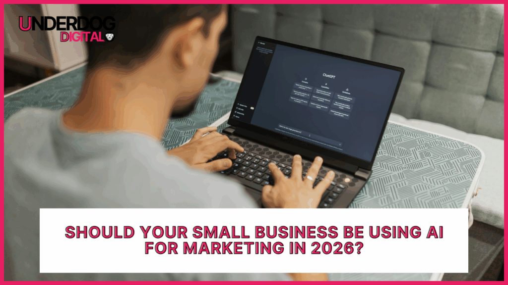 Small business owner using AI marketing tools on laptop to create content and automate tasks